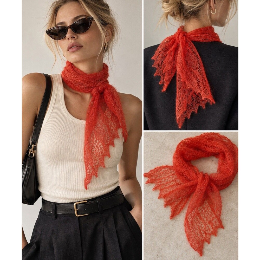 Vtg 60s For Gimbels England 100% Mohair Lace Scarf Shawl Orange Red Sheer Knit